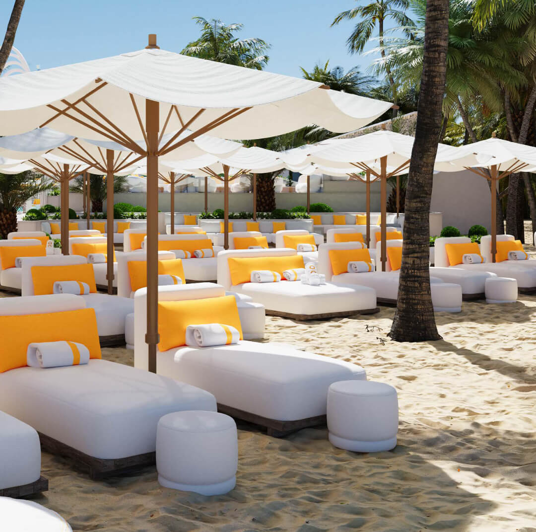 O Beach Dubai Single Bed Lounger with Dubai Marina in the background