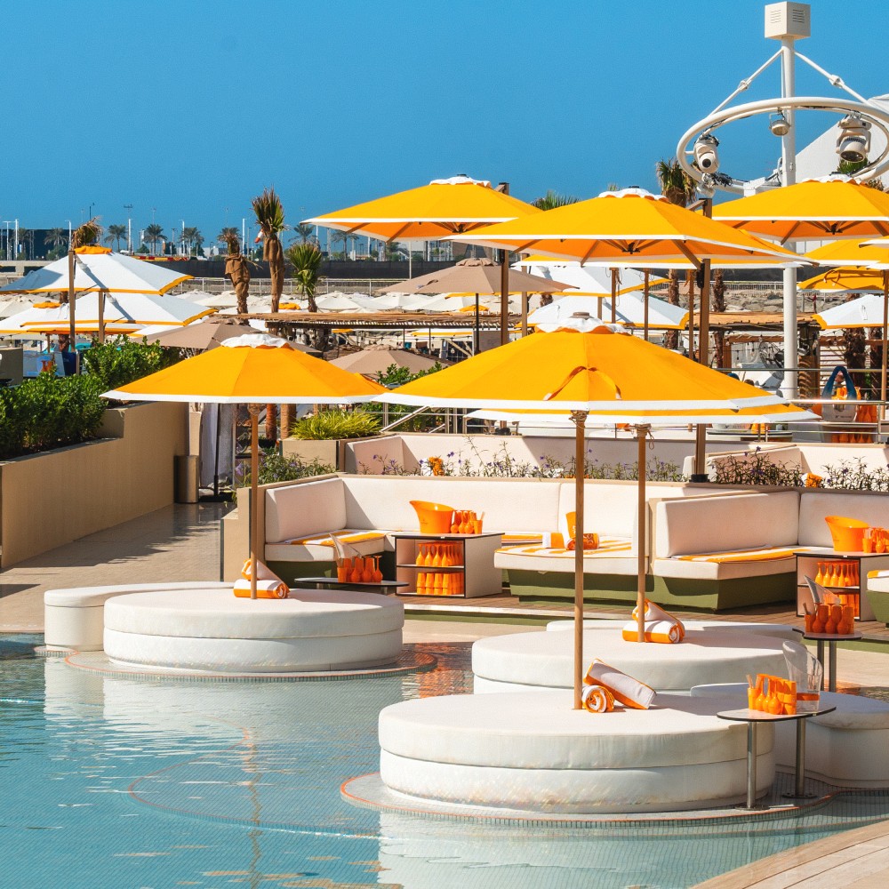 O Beach Dubai VIP Cabanas with Dubai Marina skyline in the background