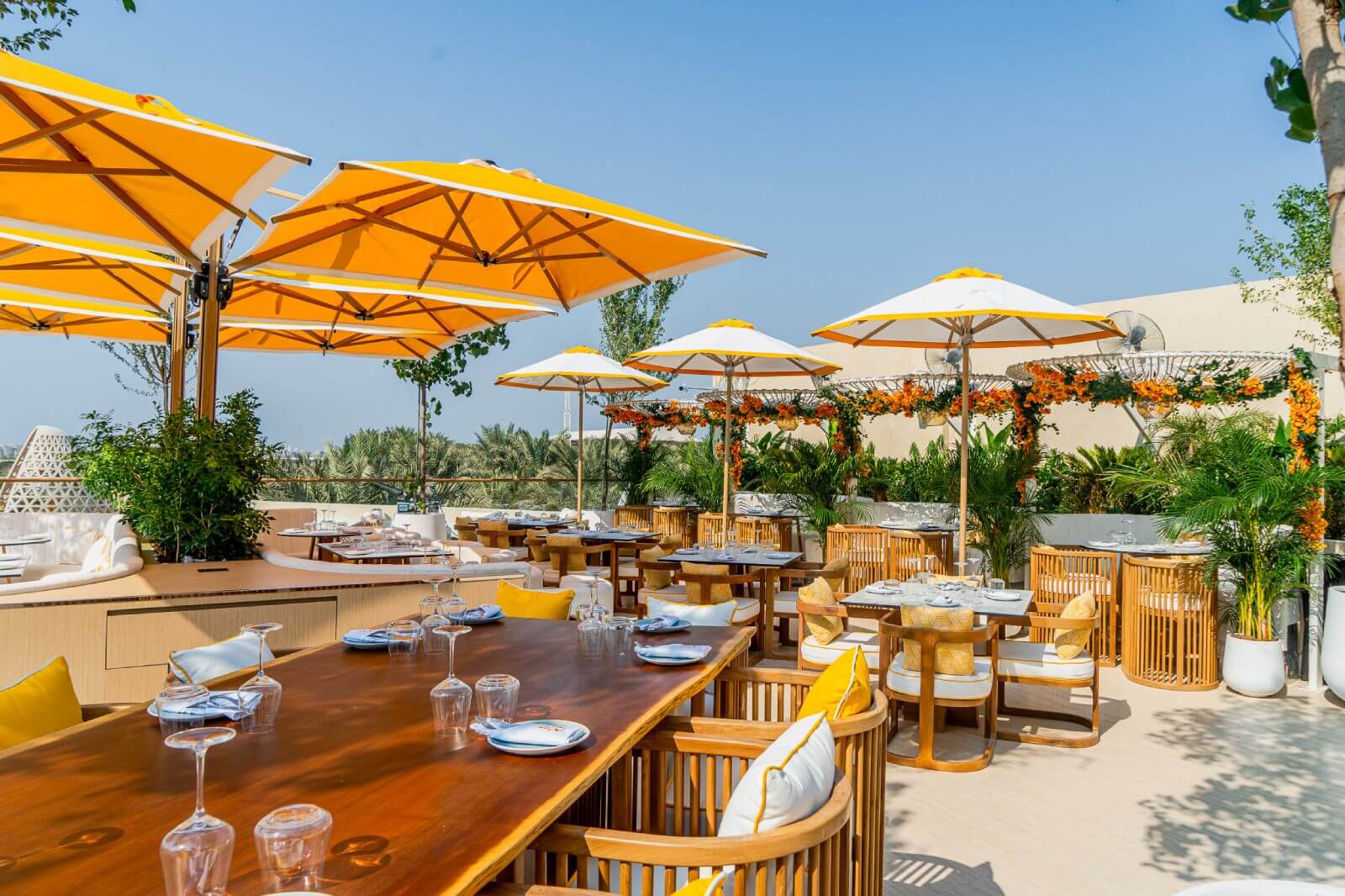 Roof Garden Restaurant located in Dubai Marina with the Dubai Ain in the background