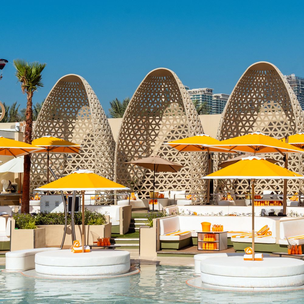 O Beach Dubai VIP Cabanas with Dubai Marina skyline in the background